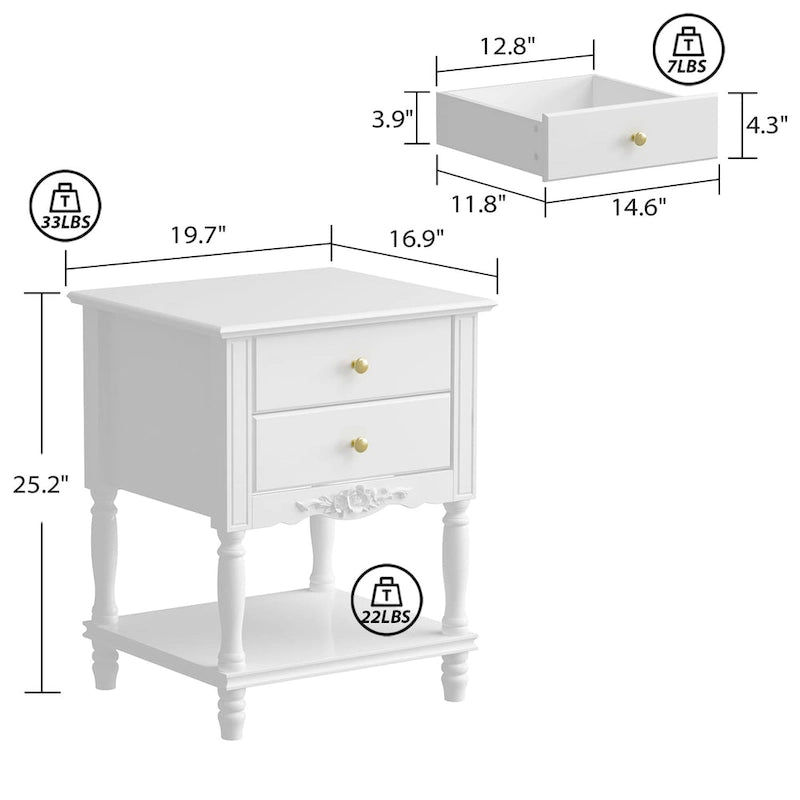 Comodino in legno laccato bianco con due cassetti e ripiano aperto