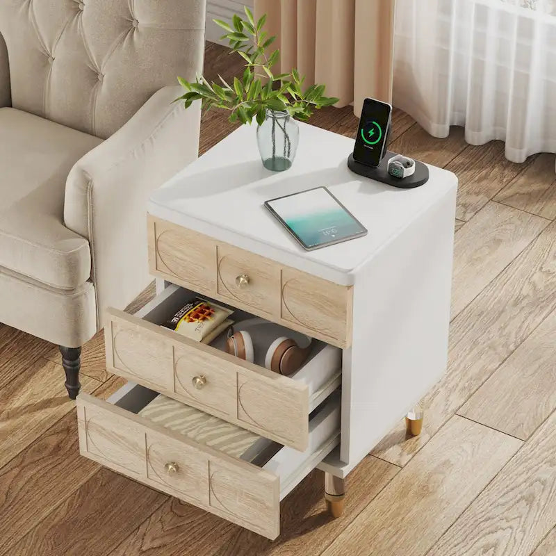 Comodino moderno rotondo bianco e oro con tre cassetti contenitore