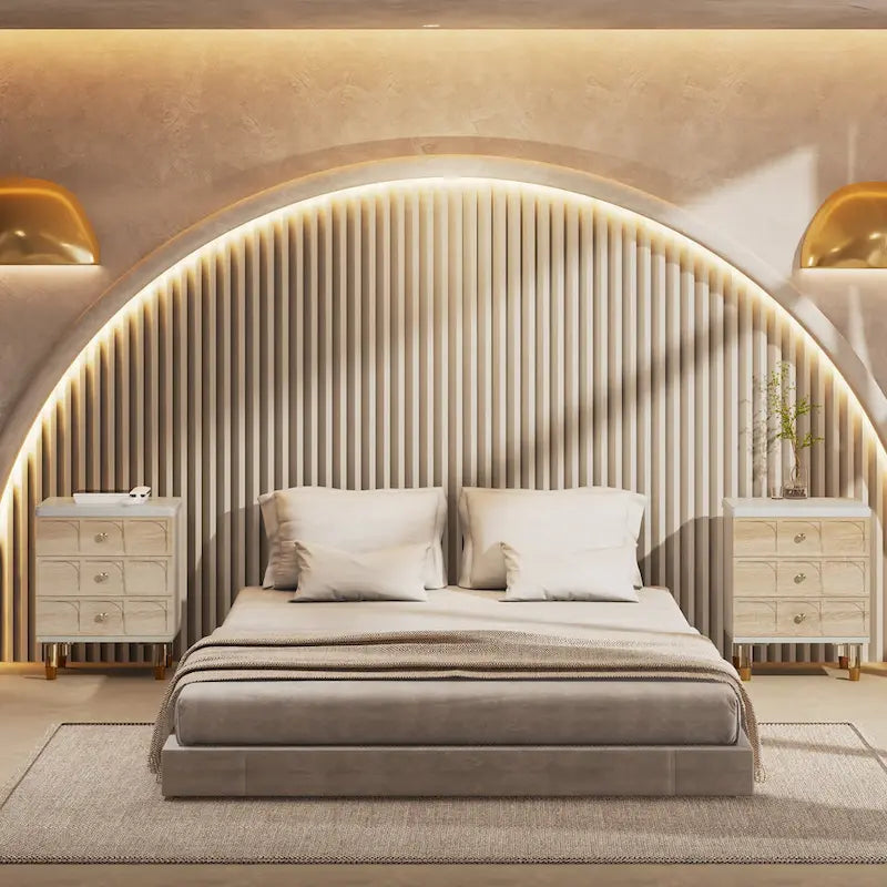 Comodino moderno rotondo bianco e oro con tre cassetti contenitore
