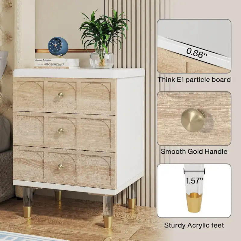 Comodino moderno rotondo bianco e oro con tre cassetti contenitore