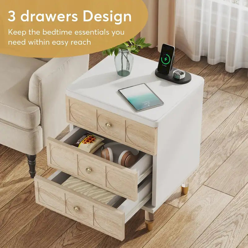 Comodino moderno rotondo bianco e oro con tre cassetti contenitore