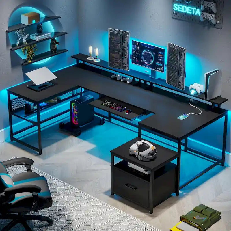 Schwarzer, beidseitig montierbarer U-förmiger Computerschreibtisch mit Schublade und Ladeanschlüssen