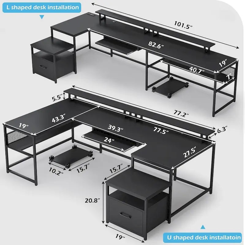 Schwarzer, beidseitig montierbarer U-förmiger Computerschreibtisch mit Schublade und Ladeanschlüssen