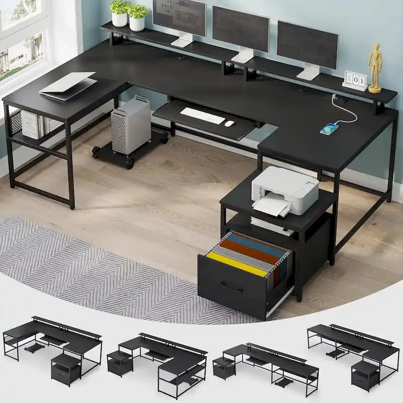 Schwarzer, beidseitig montierbarer U-förmiger Computerschreibtisch mit Schublade und Ladeanschlüssen