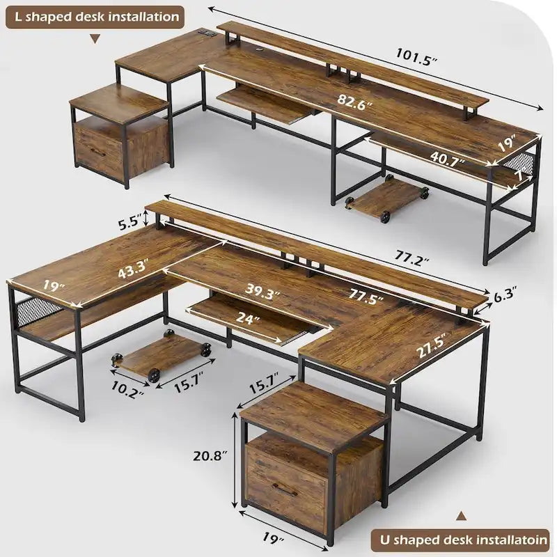 Schwarzer, beidseitig montierbarer U-förmiger Computerschreibtisch mit Schublade und Ladeanschlüssen