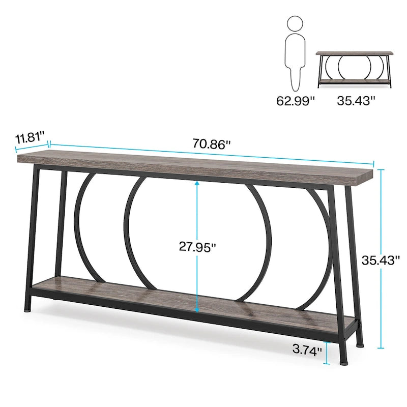 Extra Long Narrow Two-Tier Sofa Console Table with Metal Frame