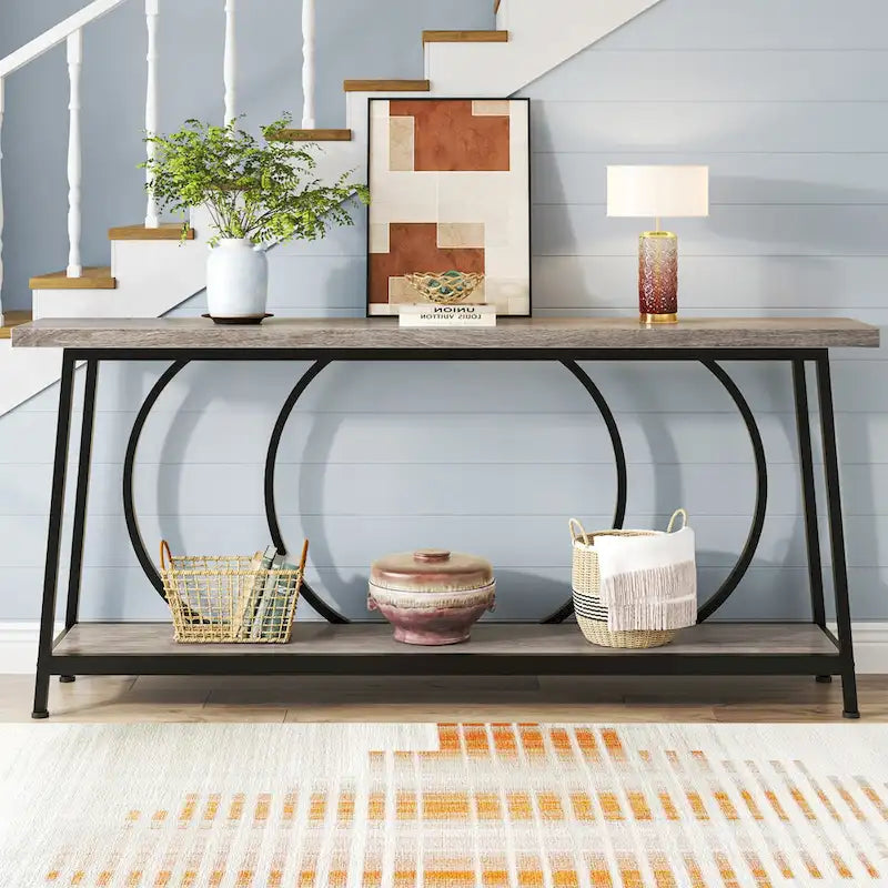 Extra Long Narrow Two-Tier Sofa Console Table with Metal Frame