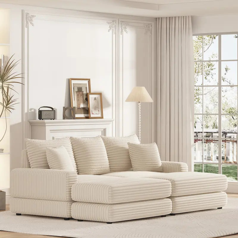 86.6Inch Corduroy 3-seater sofa With 3 back pillows , 2 toss pillows and two ottoman ,Comfy Sofa- Deep Seat Couch for Living Roo