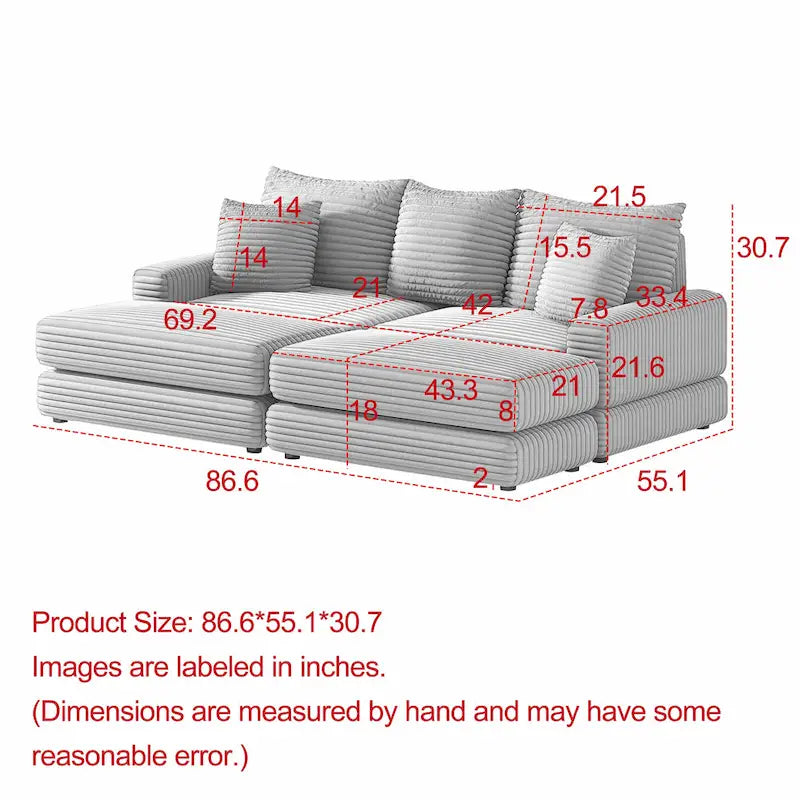 86.6-Inch Corduroy 3-Seater Sofa with Deep Seating for Living Rooms