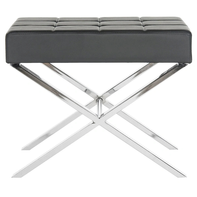 Modern Glam Faux Leather Ottoman with Chrome Frame and Cushioned Seat