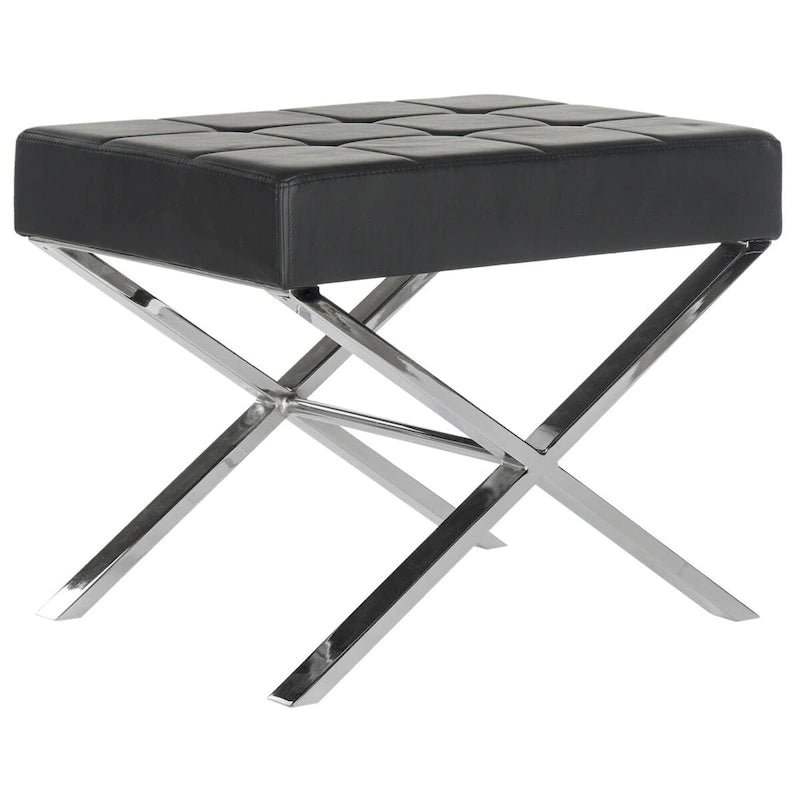 Modern Glam Faux Leather Ottoman with Chrome Frame and Cushioned Seat