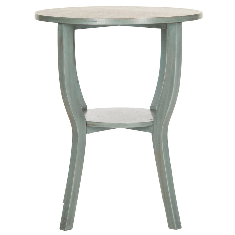 Round Elm Wood Accent Table with Lower Shelf, Multiple Finish Options