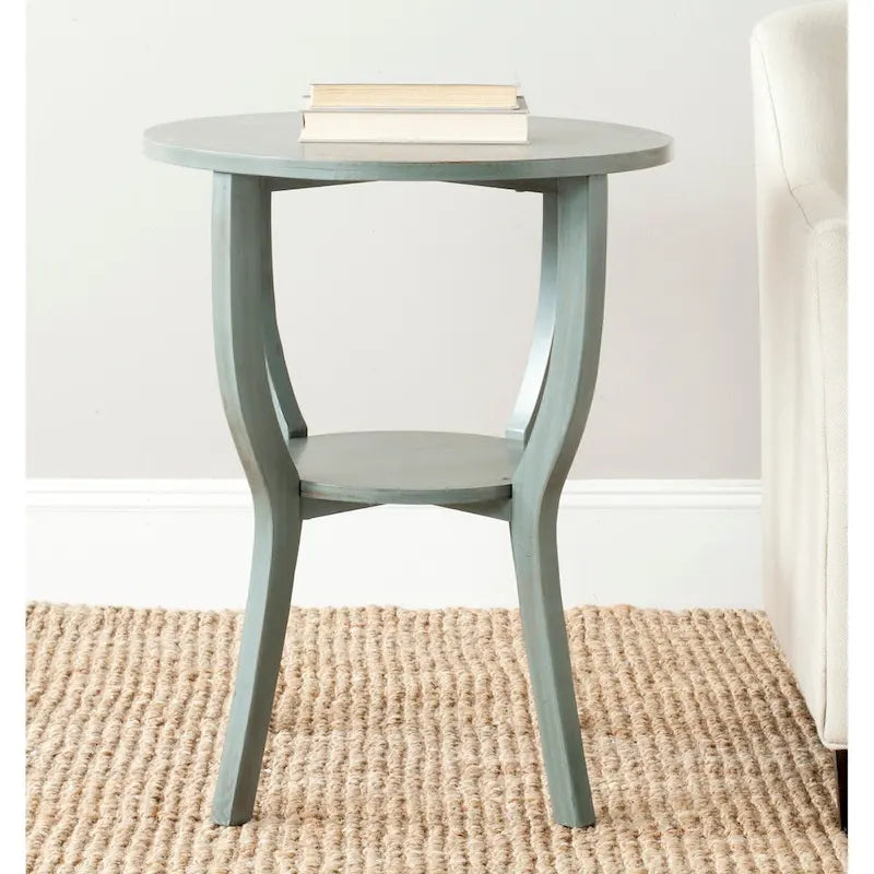 Round Elm Wood Accent Table with Lower Shelf, Multiple Finish Options