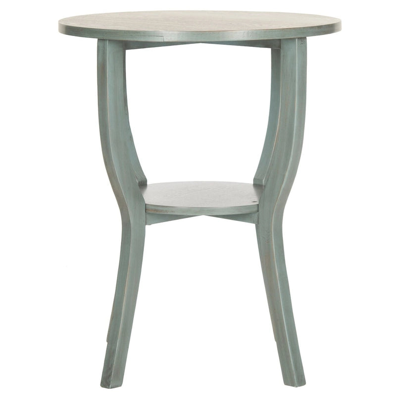 Ronde accenttafel van iepenhout met onderste plank, verkrijgbaar in meerdere afwerkingen