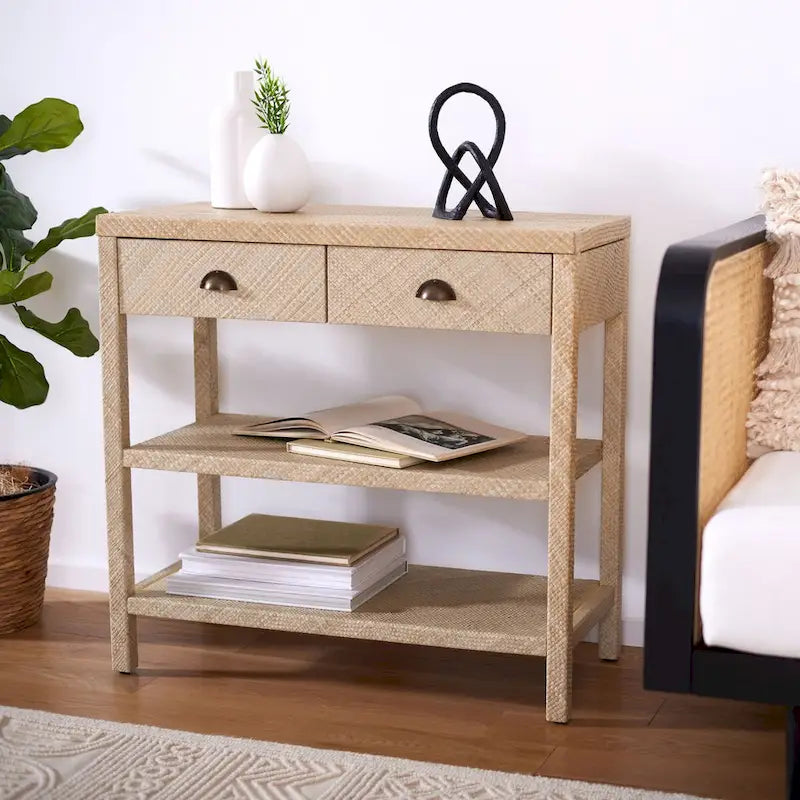 SAFAVIEH Iza Light Natural Raffia/ Gold Console Table - 31 W x 14 L x 30 H - 31Wx14Dx30H