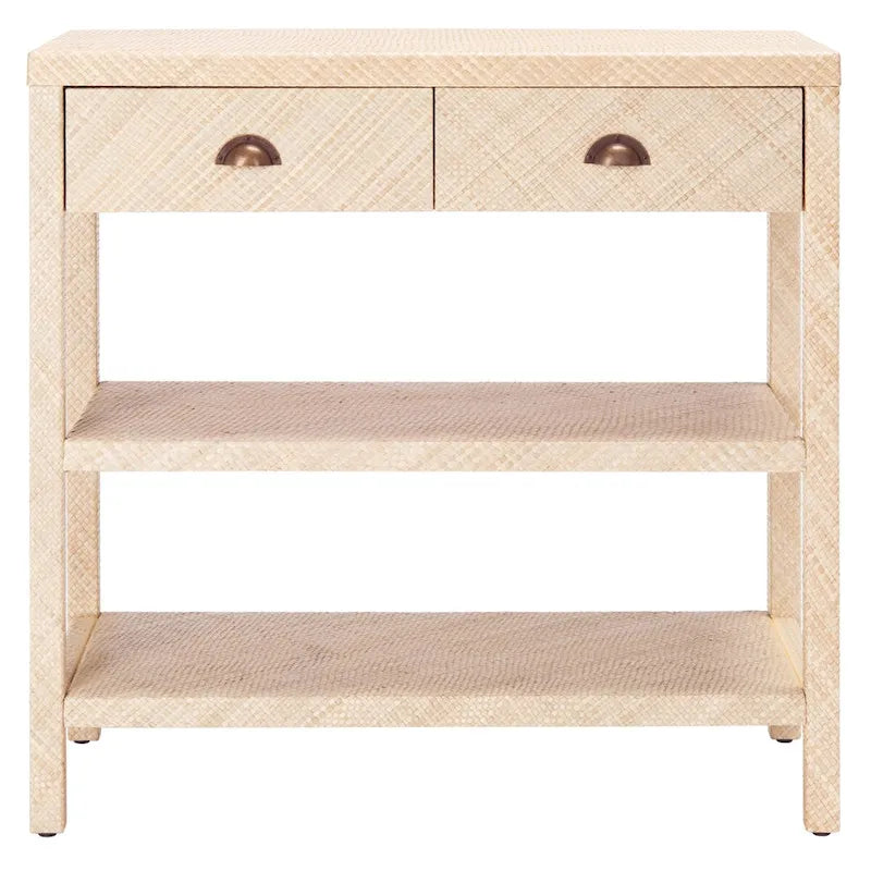 Natural Raffia Woven Console Table with Gold Drawer Pulls and Shelves
