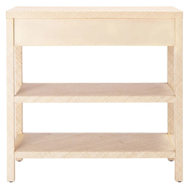 Natural Raffia Woven Console Table with Gold Drawer Pulls and Shelves