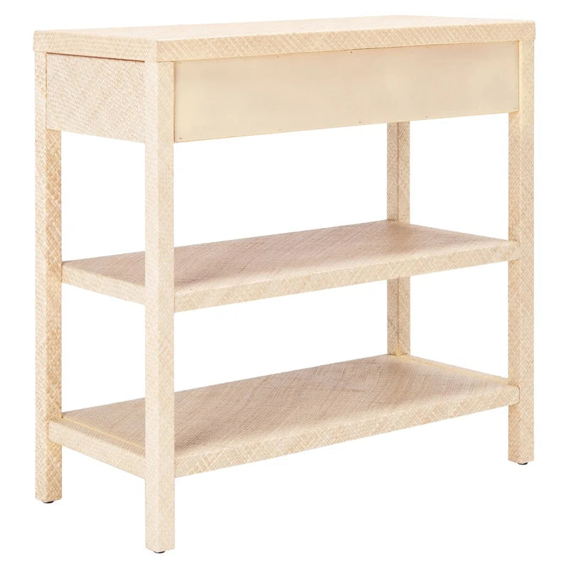 Natural Raffia Woven Console Table with Gold Drawer Pulls and Shelves