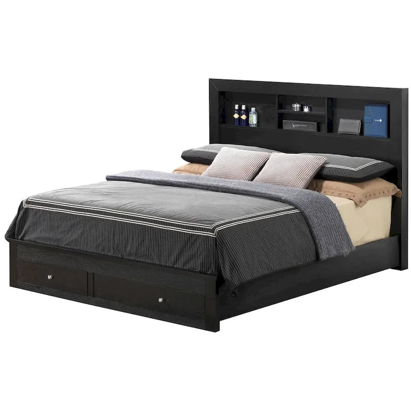 King Storage Platform Bed with Built-In Shelves and Footboard Drawers