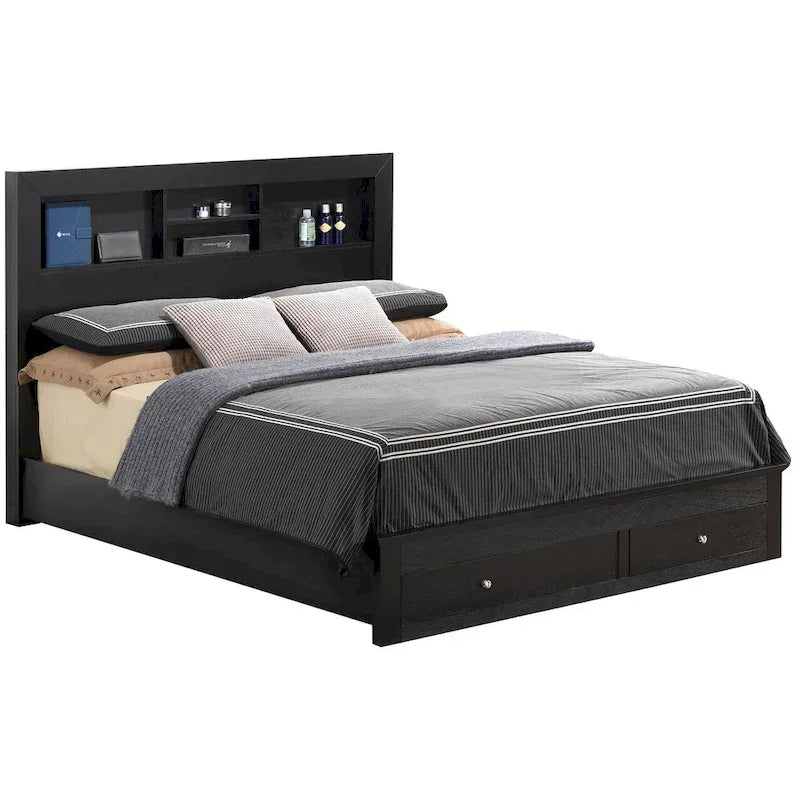 King Storage Platform Bed with Built-In Shelves and Footboard Drawers