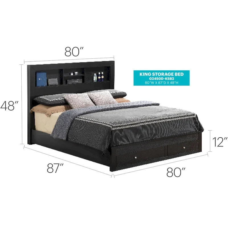King Storage Platform Bed with Built-In Shelves and Footboard Drawers