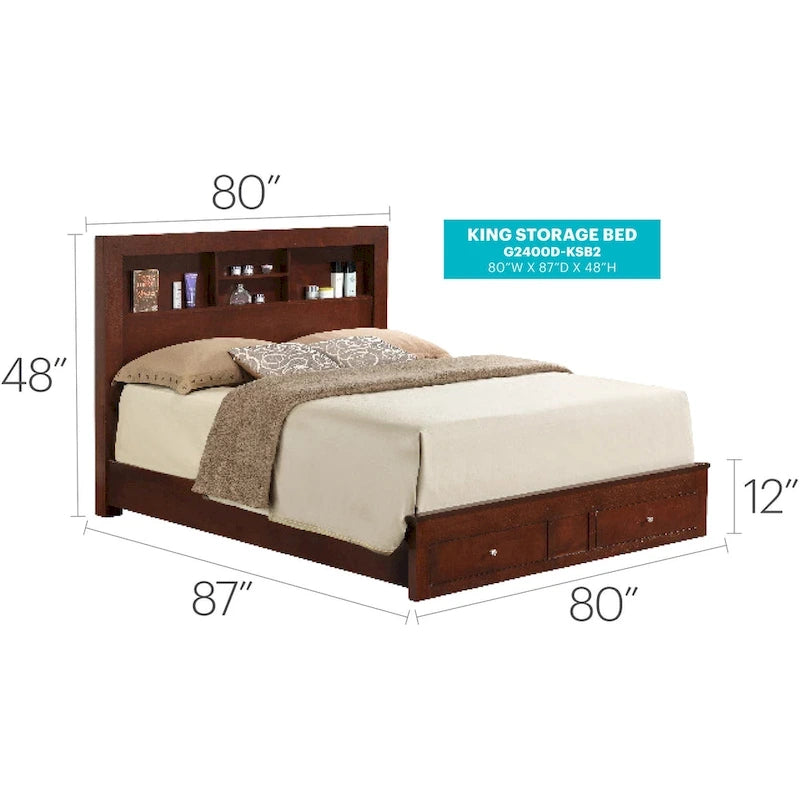 King Storage Platform Bed with Built-In Shelves and Footboard Drawers