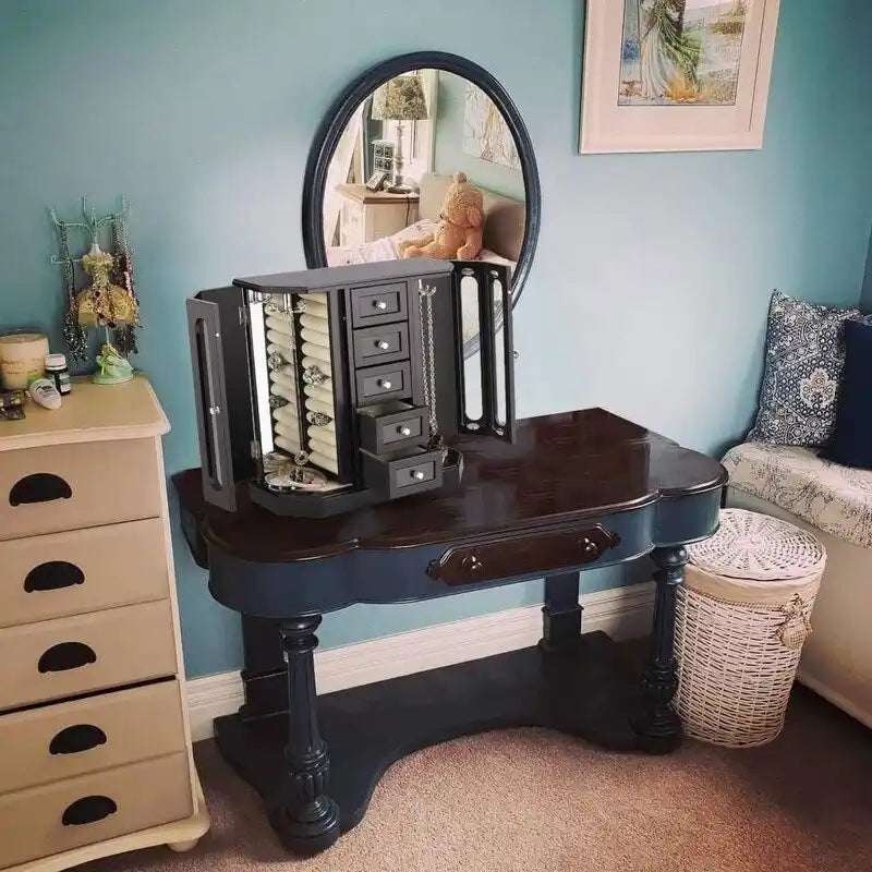 Freestanding Hardwood Jewelry Armoire with Five Drawers and Mirrored Doors