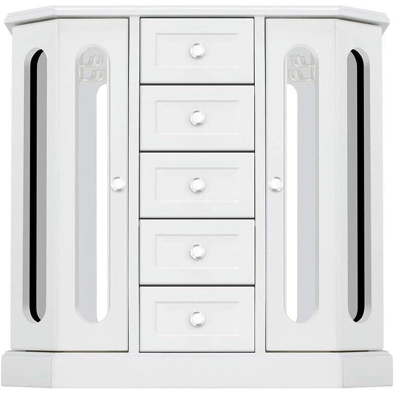 Freestanding Hardwood Jewelry Armoire with Five Drawers and Mirrored Doors