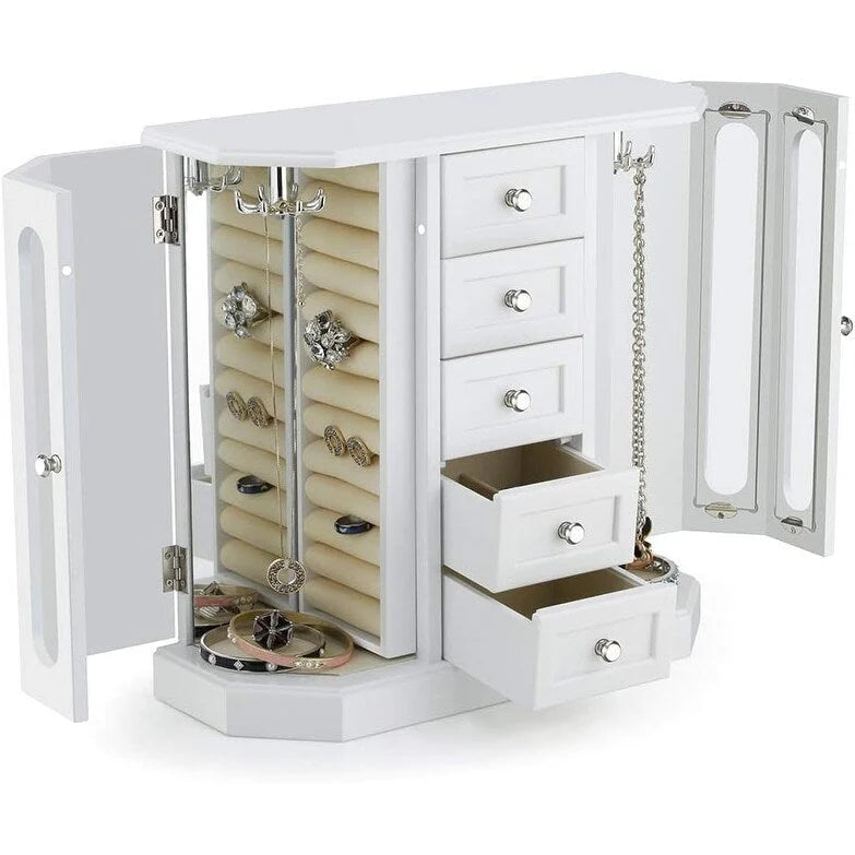 Freestanding Hardwood Jewelry Armoire with Five Drawers and Mirrored Doors