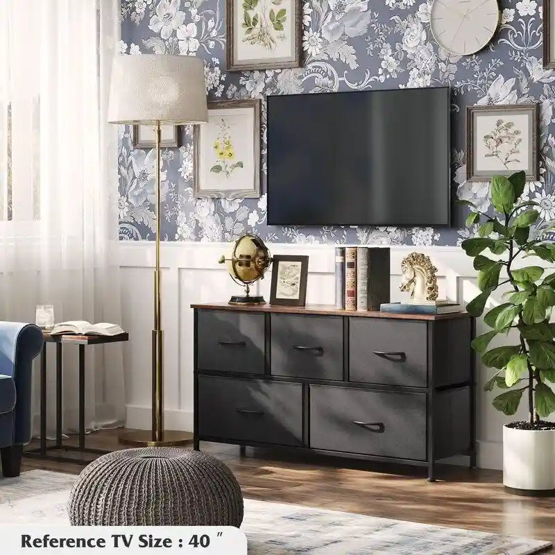 Five Drawer Bedroom Dresser with Fabric Drawers and Wood Top