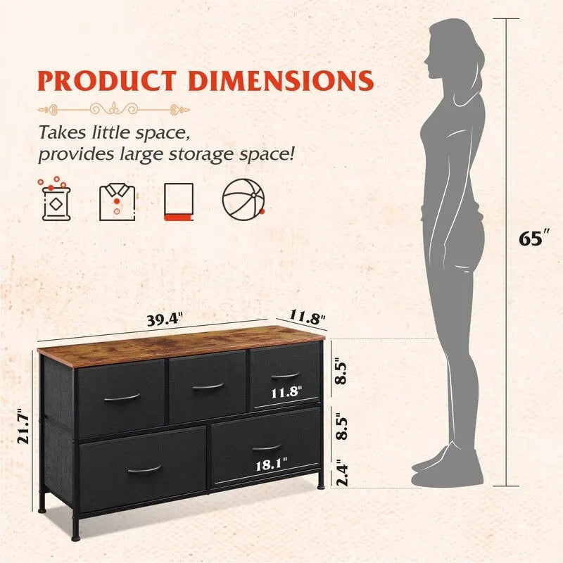 Five Drawer Bedroom Dresser with Fabric Drawers and Wood Top