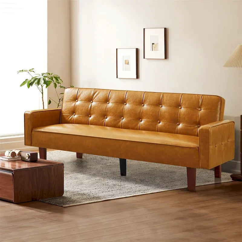 Modern Faux Leather Convertible Sofa Bed with Adjustable Backrest