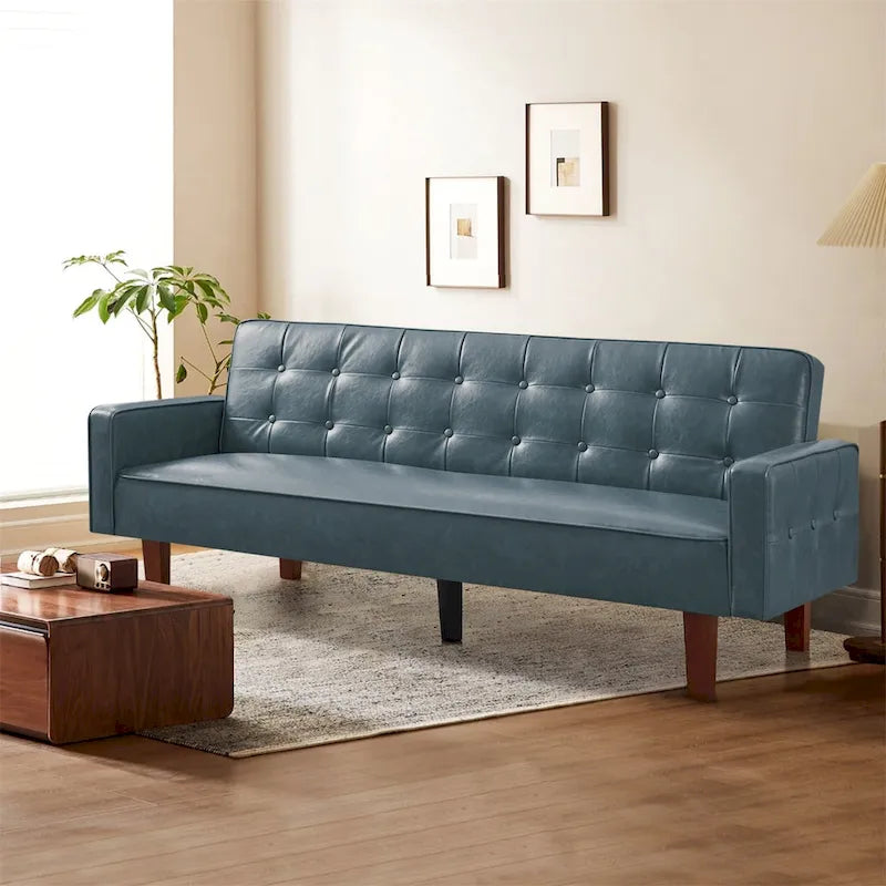 Modern Faux Leather Convertible Sofa Bed with Adjustable Backrest