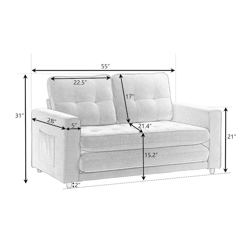Convertible Futon Sofa Bed with Side Storage, Upholstered Lounge Sleeper