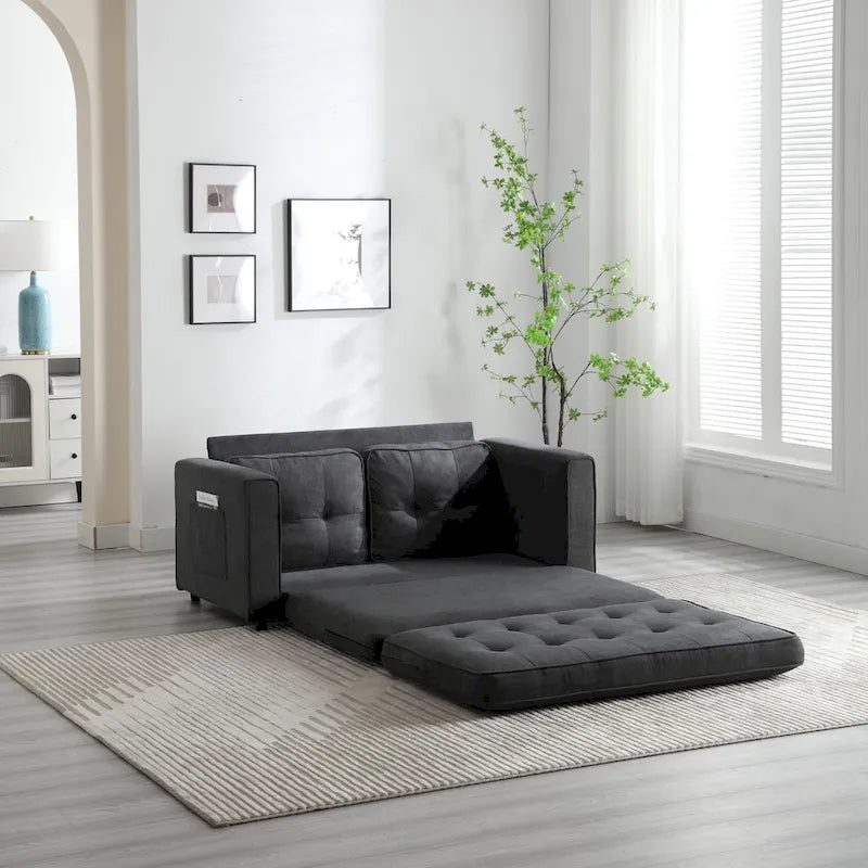 Convertible Futon Sofa Bed with Side Storage, Upholstered Lounge Sleeper