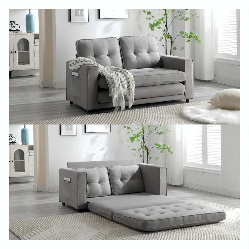 Convertible Futon Sofa Bed with Side Storage, Upholstered Lounge Sleeper
