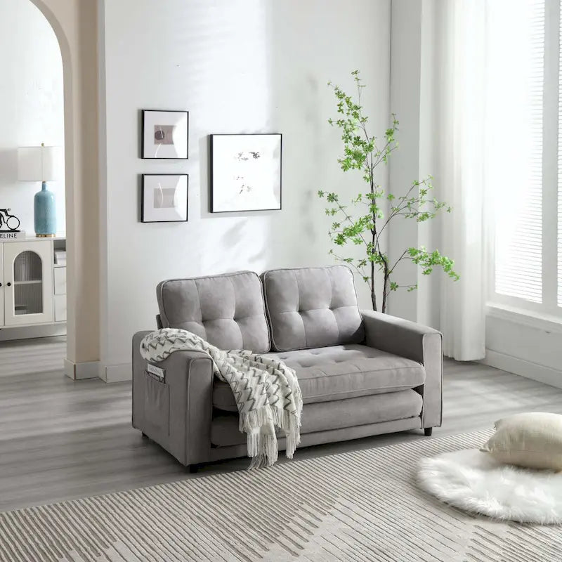 Convertible Futon Sofa Bed with Side Storage, Upholstered Lounge Sleeper