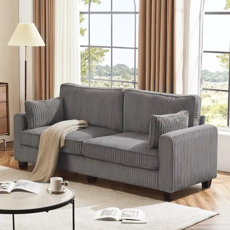 Modern Corduroy Three-Seater Sofa with Rolled Arms and Removable Cushions