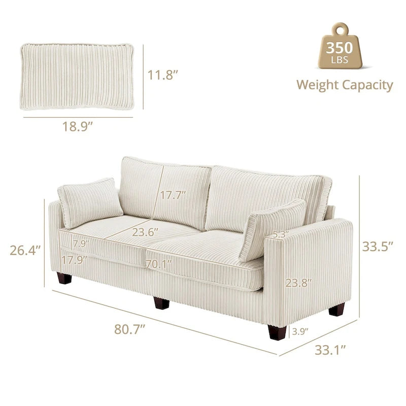 Modernes Cordsofa für drei Personen mit gerollten Armlehnen und abnehmbaren Kissen