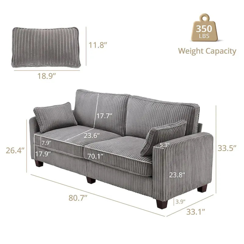 Modernes Cordsofa für drei Personen mit gerollten Armlehnen und abnehmbaren Kissen