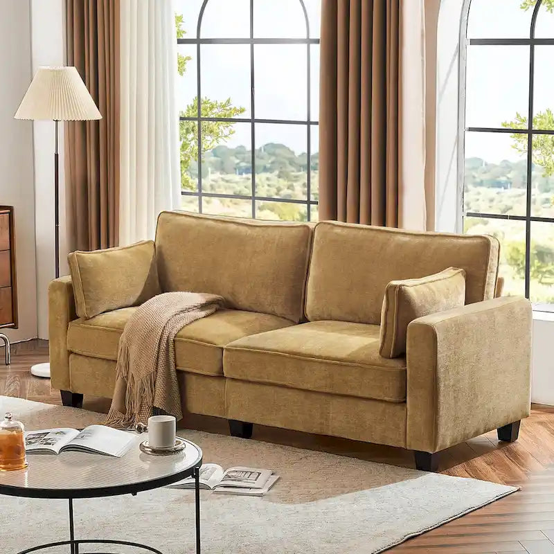 Modernes Cordsofa für drei Personen mit gerollten Armlehnen und abnehmbaren Kissen