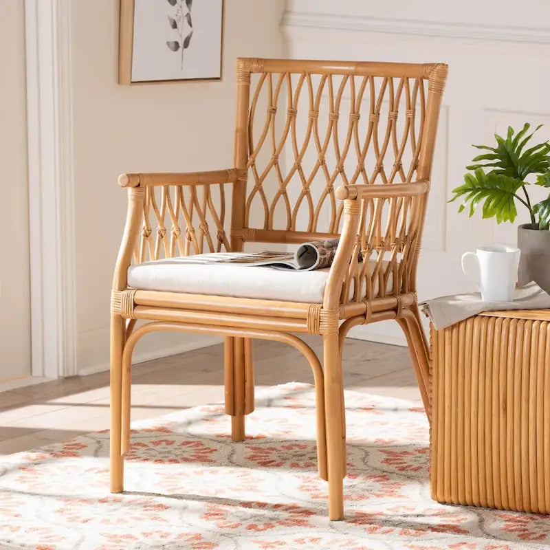 Bohemian Handwoven Rattan Arm Chair Light Honey Cushion Design