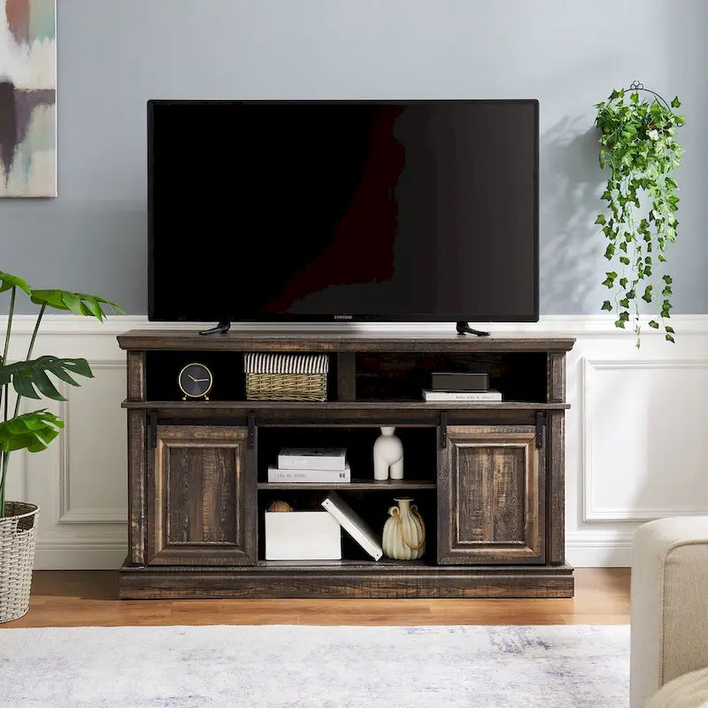 Sliding Door TV Console with Adjustable Shelves and Living Room Storage