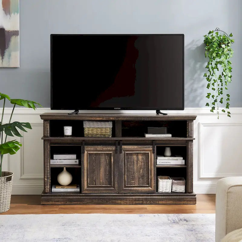 Sliding Door TV Console with Adjustable Shelves and Living Room Storage