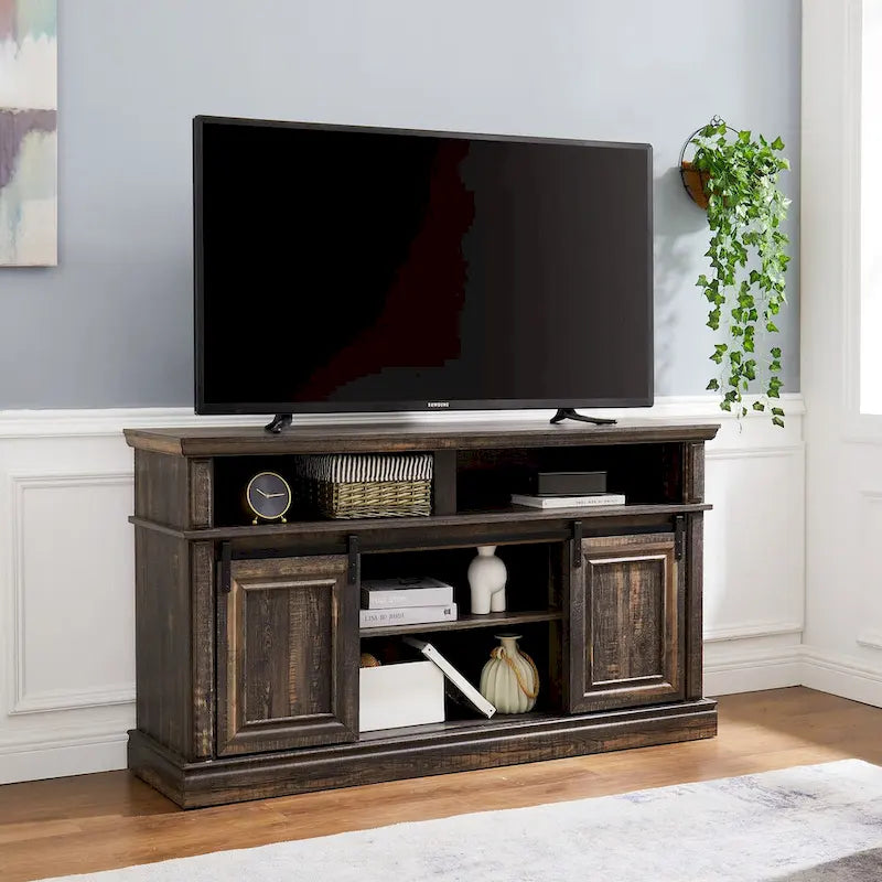 Sliding Door TV Console with Adjustable Shelves and Living Room Storage