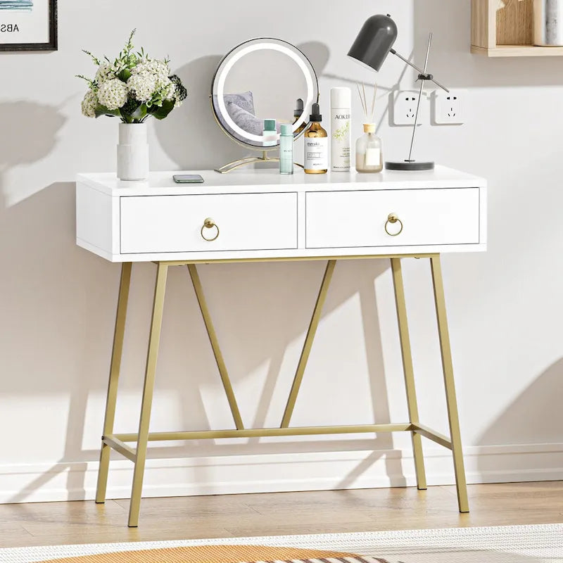 Anmytek Modern Home Office Desk 35.4 Makeup Vanity Table White 2 Drawers Writing Computer Desk with Golden Legs
