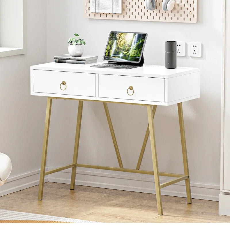 Modern Two-Drawer Writing Desk with Metal Legs for Home Office