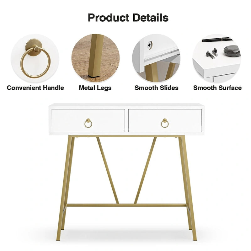 Modern Two-Drawer Writing Desk with Metal Legs for Home Office