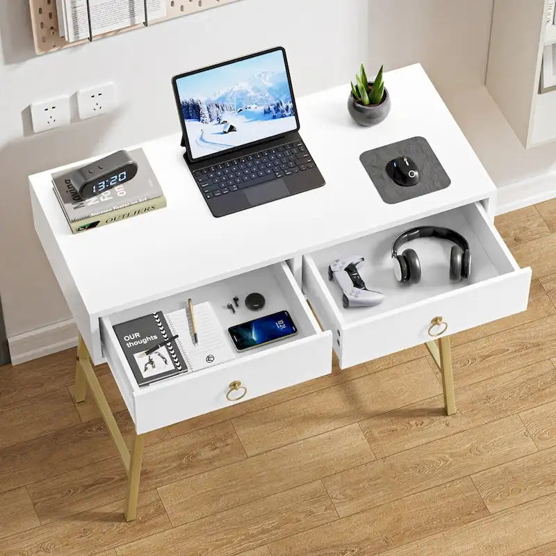 Modern Two-Drawer Writing Desk with Metal Legs for Home Office