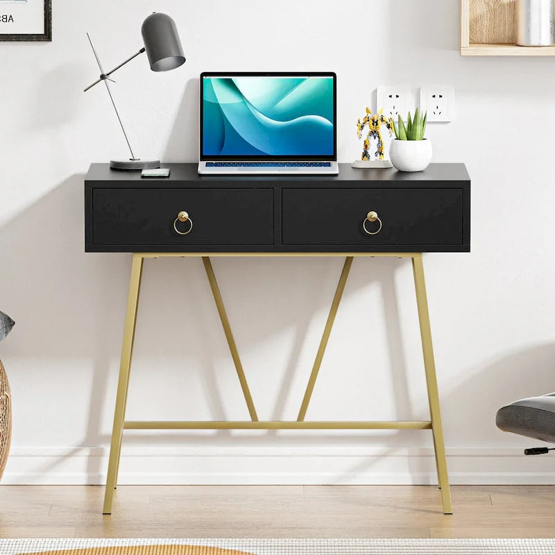 Modern Two-Drawer Writing Desk with Metal Legs for Home Office